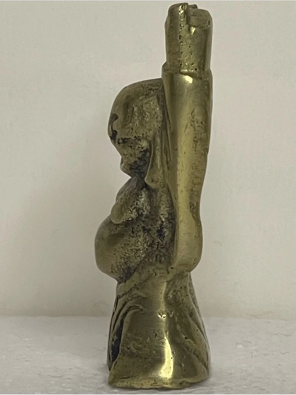 VTG Solid Brass Laughing Buddha Figure Patina Hotei Arms Raised Wealth Health